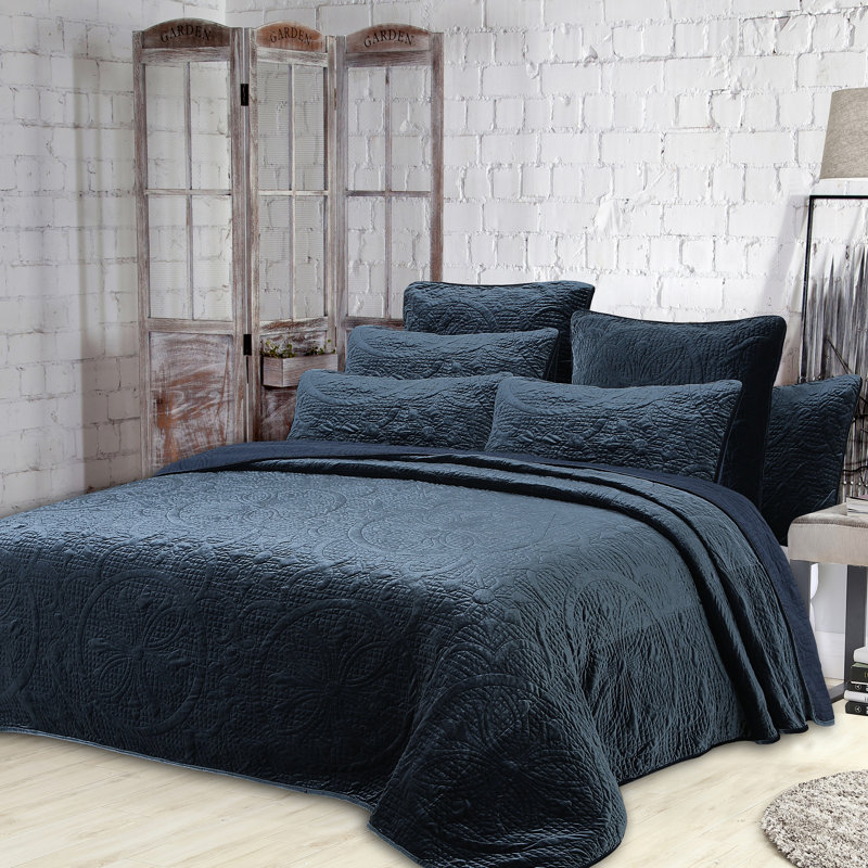 Joanna Blue Velvet King Quilt Set with Shams