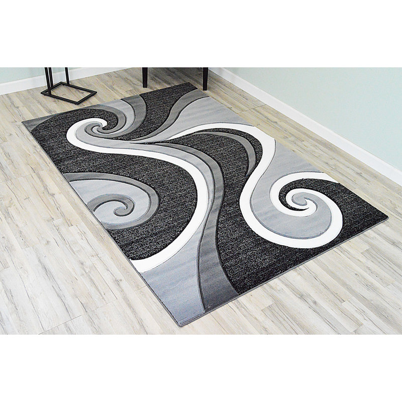 Tapis gris `à motif 3D abstrait ciselé à la main Mccampbell, Rectangle 5 pi 2 po x 7 pi 2 po