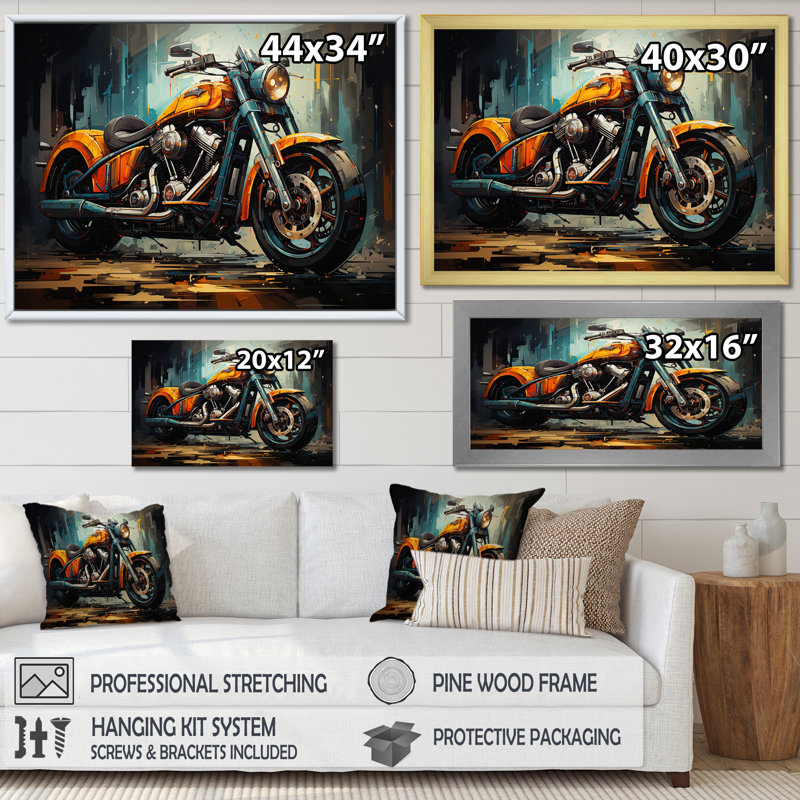 Motocyclette classique jaune et noir I - impressions sur toile de moto, Cadre doré à coins fermés, H 24 po x l 32 po x P 1 po
