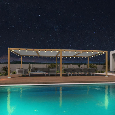 Purple Leaf Adjustable Wood Grain Aluminum Louvered Pergola with String Lights for Patio Deck and Garden