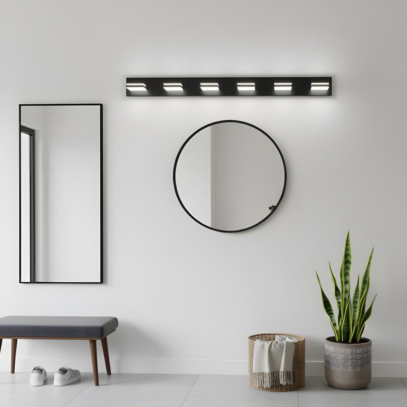 Miroir de salle de bain moderne à 6 lumières DEL noir moderne, design minimaliste, économie d'énergie, installation facile, 6