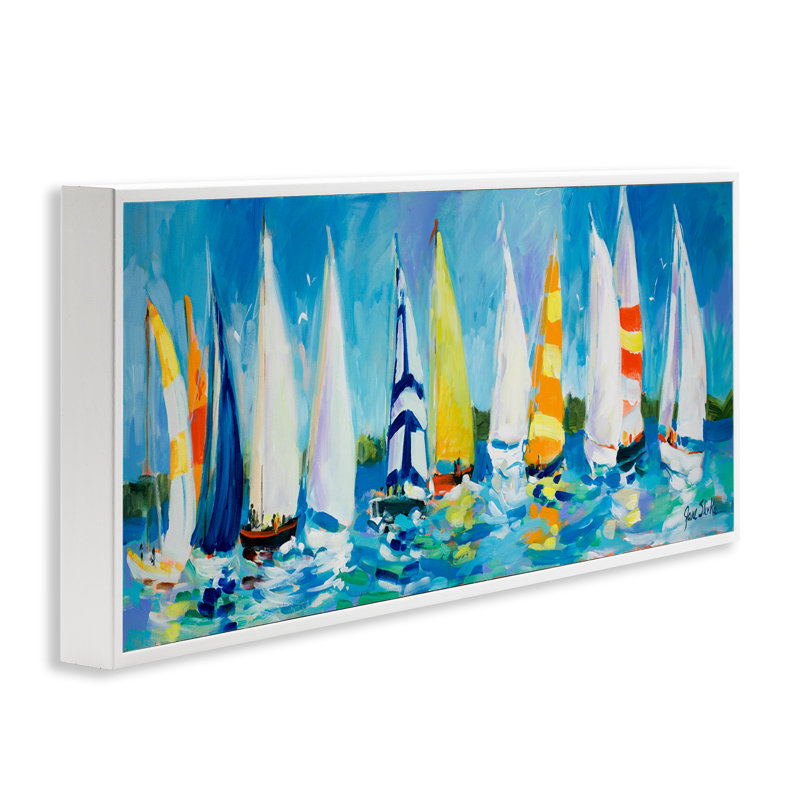 Regatta, voilier, flotte, blanc, estampe numérique par Jane Slivka, H 10 po x l 24 po x P 1,5 po, Cadre blanc