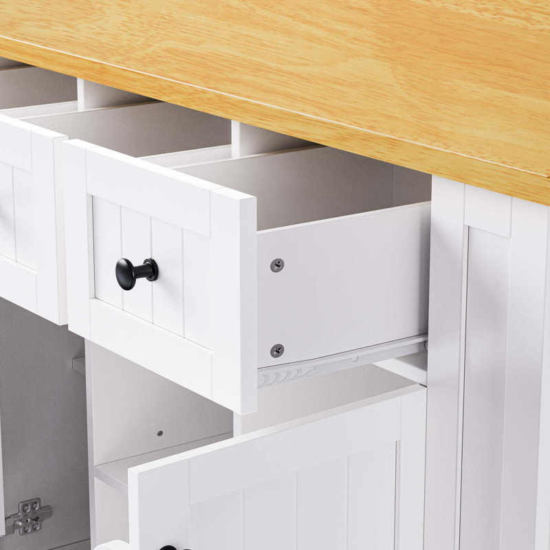 53Inch Large Kitchen Island With Drop Leaf, Power Outlet, Door Internal Storage Rack, Rolling Kitchen Cart On 5 Wheels With 5 Open Side Racks For Kitchen, Dining Room,White(Not Include Bar Stools)
