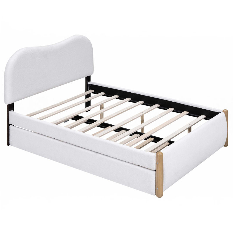 Lit plateforme tapissier avec pieds de support en bois et lit gigogne simple