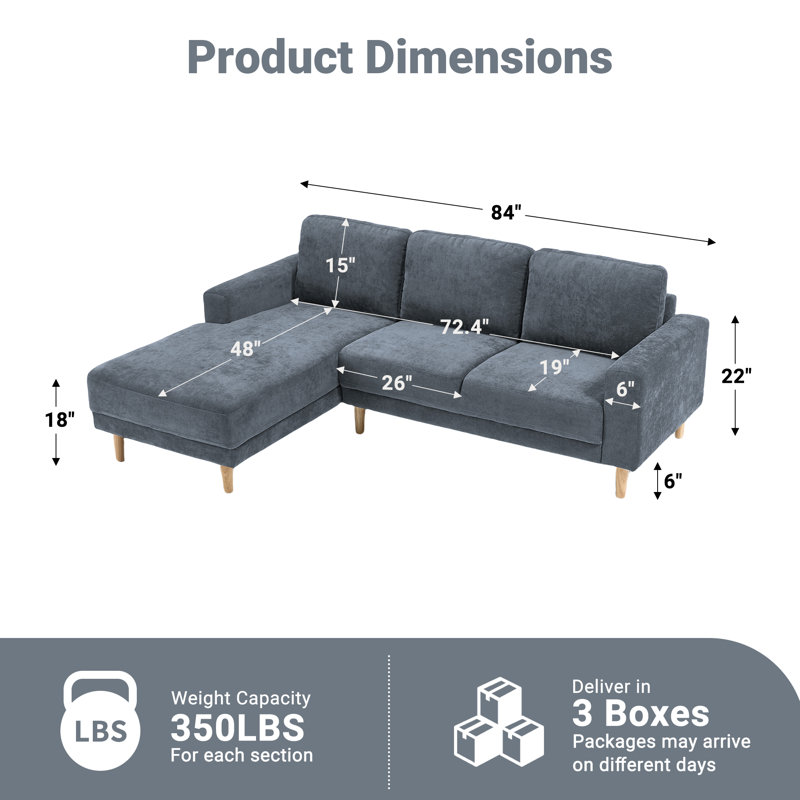 Canapé modulaire rembourré 2 pièces en L 84 po 2 pièces, Gris chenille