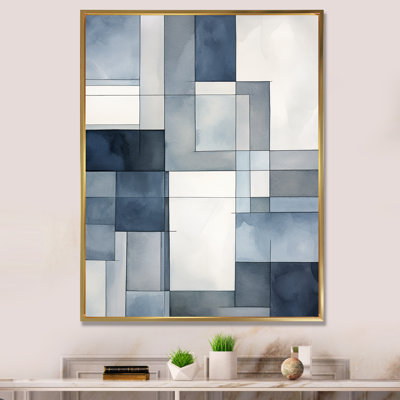 " Cubist Dreams Watercolor In Faded Retro Navy Blue "