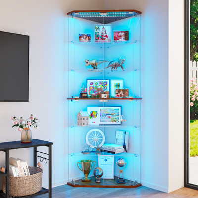 71'' Tall Display Cabinet with RGB Sensor Lights, Corner Glass Display Cabinet with Lock
