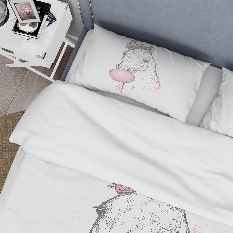 Cheval blanc avec gomme à bulles rose - ensemble de housse de couette Farmhouse - microfibre de polyester