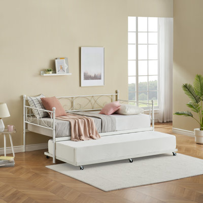 Twin Daybed With Trundle, Metal Sofa Single Bed Frame With Heavy Duty Metal Slats & Stylish Headboard, No Box Spring Needed, Multifunctional Platform