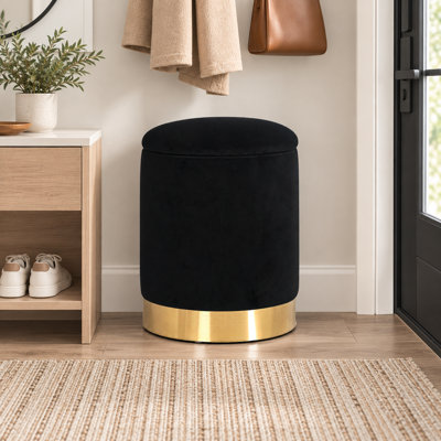 12" Round Velvet Storage Ottoman with Gold Base, Upholstered Vanity Stool & Footrest
