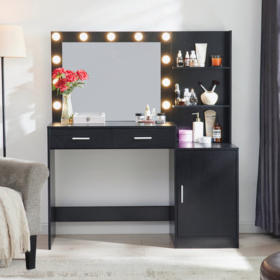 Vanity Desk With Mirror And Lights, 46.4IN Dressing Table With 2 Large Drawer&Large Vertical Organizer