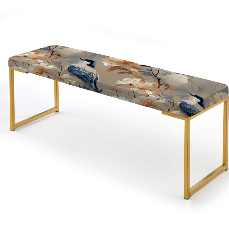 Beige et bleu oiseau fleuri - banc rembourré floral doré
