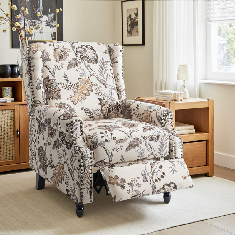 Ameiah 74 cm W Upholstered Wing Back Manual Push Back Recliner with Naihead Trims, Plants Beige Polyester