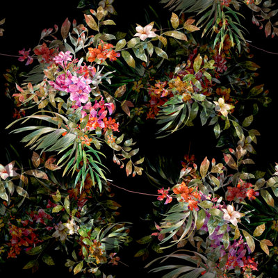 Accie, peinture à l'aquarelle de feuilles et de fleurs, motif transparent sur fond sombre sur toile