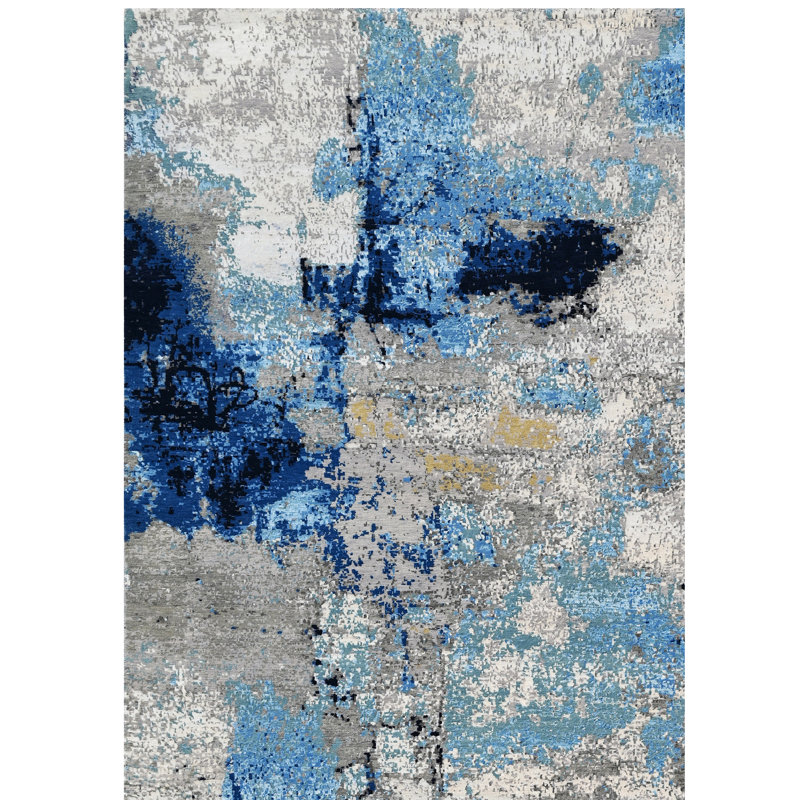 Tapis bleu / gris de haute qualité noué à la main, Rectangle 9 pi x 12 pi