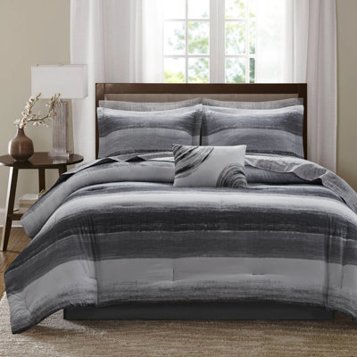 Literie 9 pièces pour grand lit, microfibre rayée à l'aquarelle noire, draps en coton, taies décoratives assorties, coussin décoratif brodé, jupe, édredon de taille fraîcheur avec imprimé à rayures, édredon en microfibre,