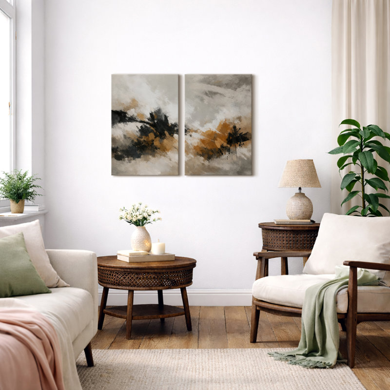 Bold Neutral Abstract Artwork with Black and Ochre Forms, Living Room Pictures, Framed Canvas Giclee Print Wall Art