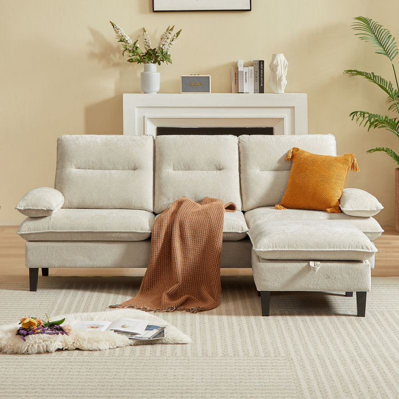 86.22" Chenille Sectional Sofa With Ottoman, Beige