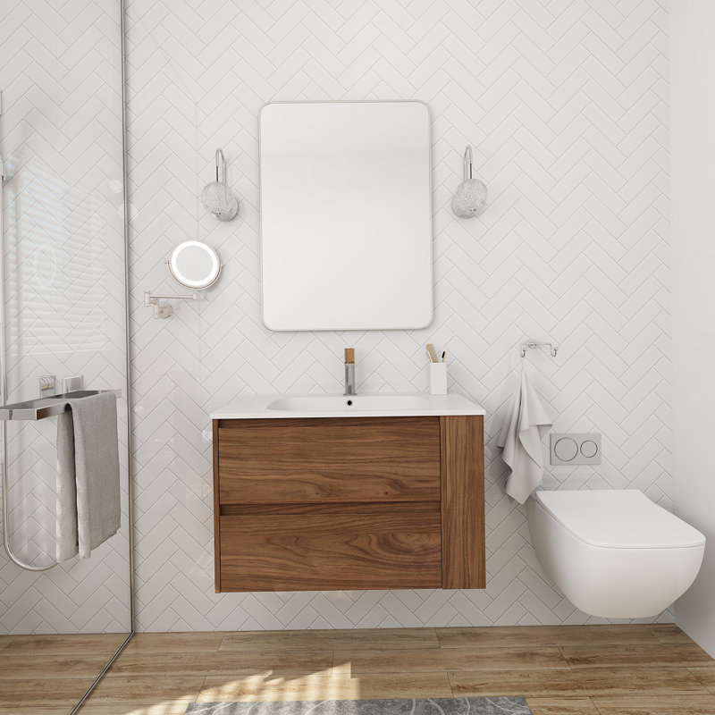 Meuble-lavabo mural avec lavabo en gel, Brun