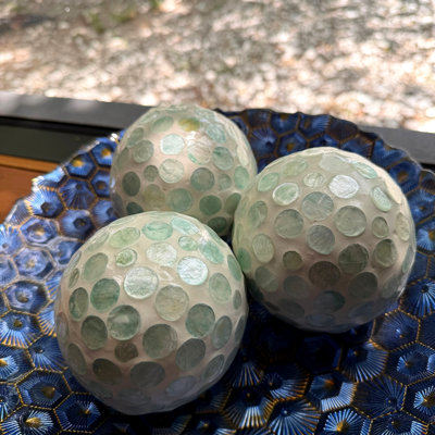 Coastal aqua Capiz shell decorative balls set of 3 for tabletop and shelf decor, 4 inches