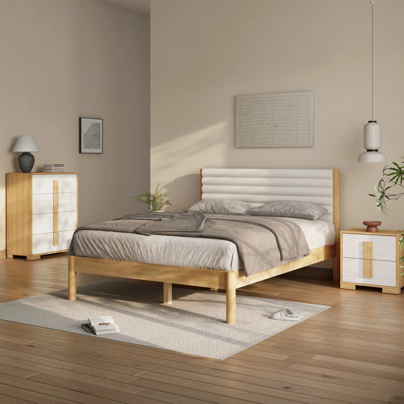 Modern Queen Bed with Upholstered Headboard and Natural Rubber Wood Frame