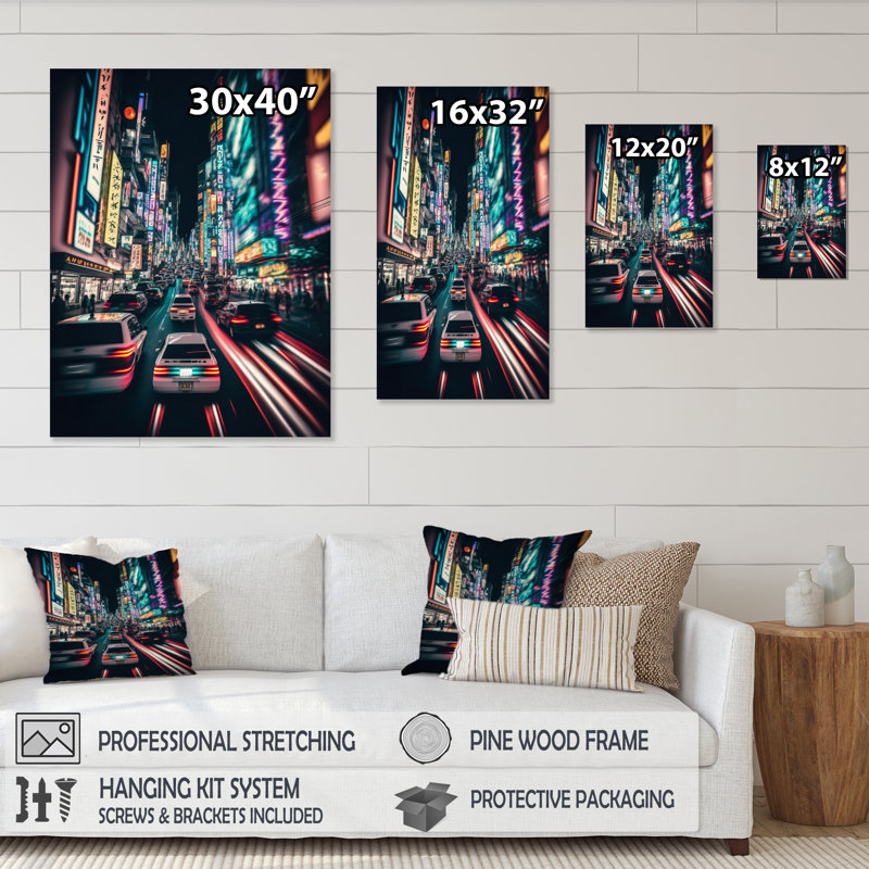 Futon sur toile «Neon tokyo» - paysages urbains, H 32 po x l 24 po x P 1 po, Toile tendue