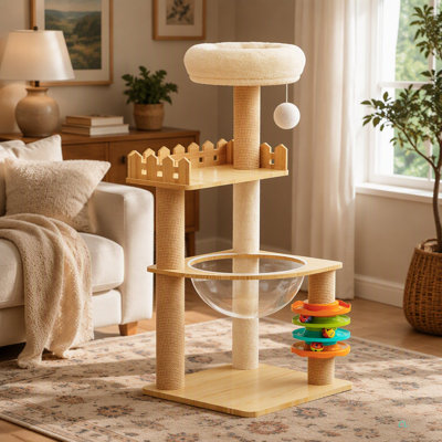 Tour à chat moderne de 39,3 po, arbre à chat en bois pour chats d'intérieur, arbre à chat avec poteaux à griffer et perchoir recouverts de sisal, maisonnette pour chat avec hamac en acrylique et jouets pour petits chats