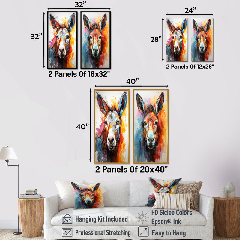 Pop Art Donkey Pop II - ensemble de 2 reproductions d'art mural d'âne, Cadre noir, H 28 po x l 25 po