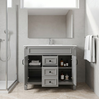 Meuble-lavabo autoportant 36 po avec lavabo supérieur 36 po - Armoire de rangement moderne avec 2 portes à fermeture en douceur et lavabo à 3 trous pour les petites salles de bain ou les salles d'eau