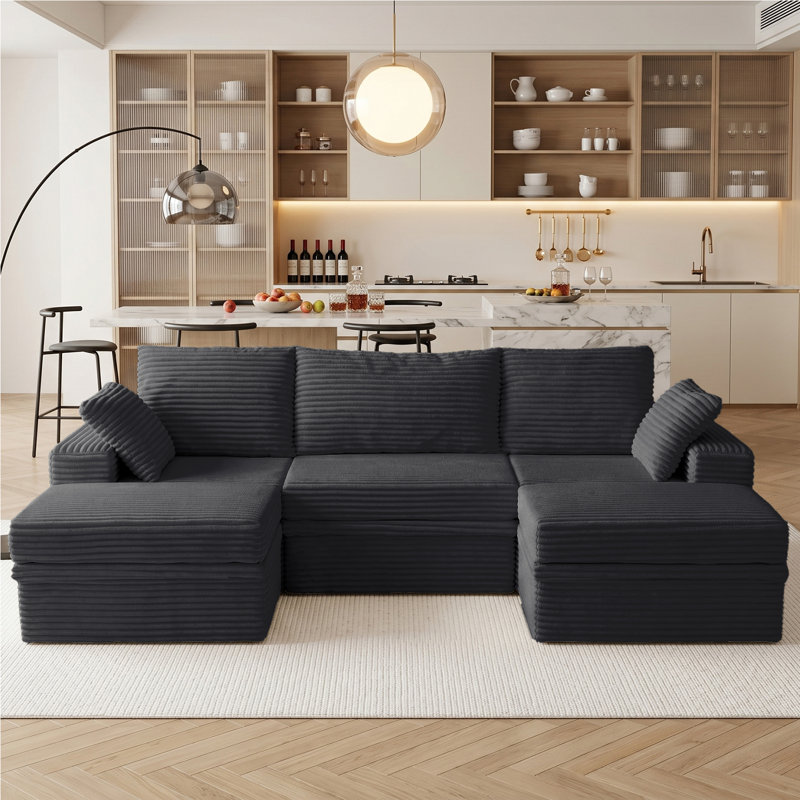 107"W Boneless U-Shaped Sectional Sofa, Cloud Modular Corduroy Couch with Chaise, 2 Ottomans & Hidden Storage, Extra Deep Seat Corner Sofa, Minimalist Living Room Furniture, Easy Assembly Required