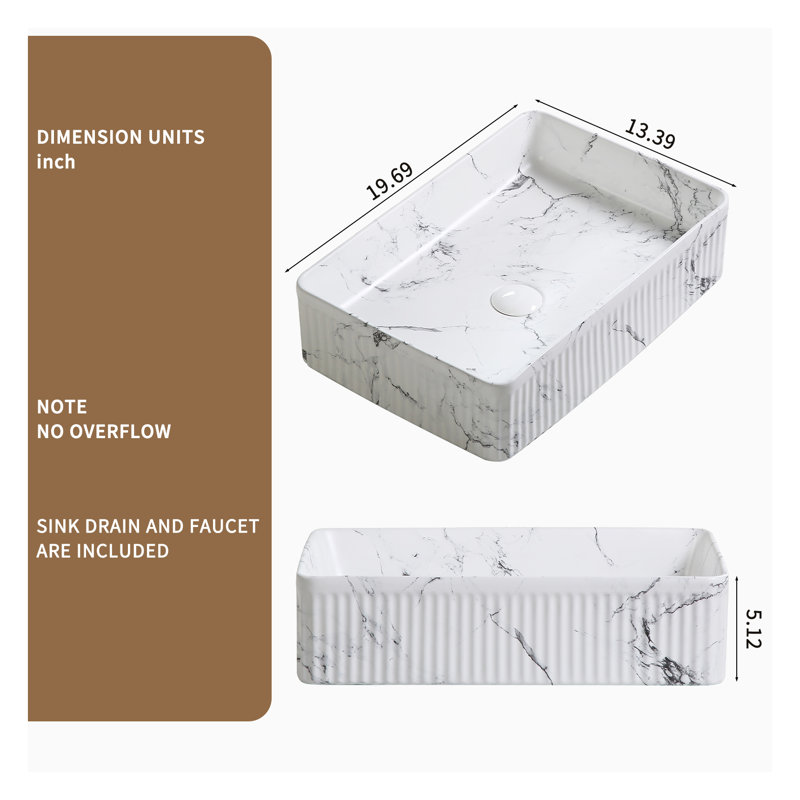 Lavabo vasque en marbre noir et blanc 20 po x 14 po, lavabo de salle de bain en porcelaine en céramique moderne avec robinet d'art et ensemble de drain
