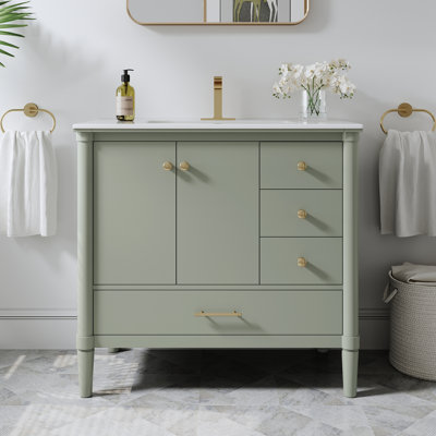 Meuble-lavabo en bois massif de 34,1 po de hauteur avec lavabo en céramique Cupc, charnières à fermeture en douceur et poignées en aluminium anodisé doré