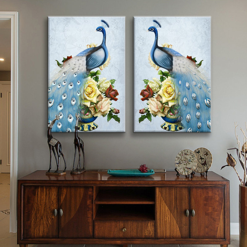 2 panneaux paons sur fleurs, peinture sur toile élégante, H 36 po x l 48 po