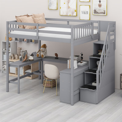 Loft Bed With Built-In L-Shaped Desk And Three-Tier Storage Shelves,And Attached Storage Staircase by Harriet Bee