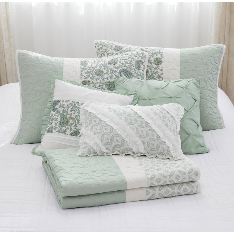 Ensemble de courtepointe en coton 6 pièces, Turquoise, King Quilt + 5 Additional Pieces