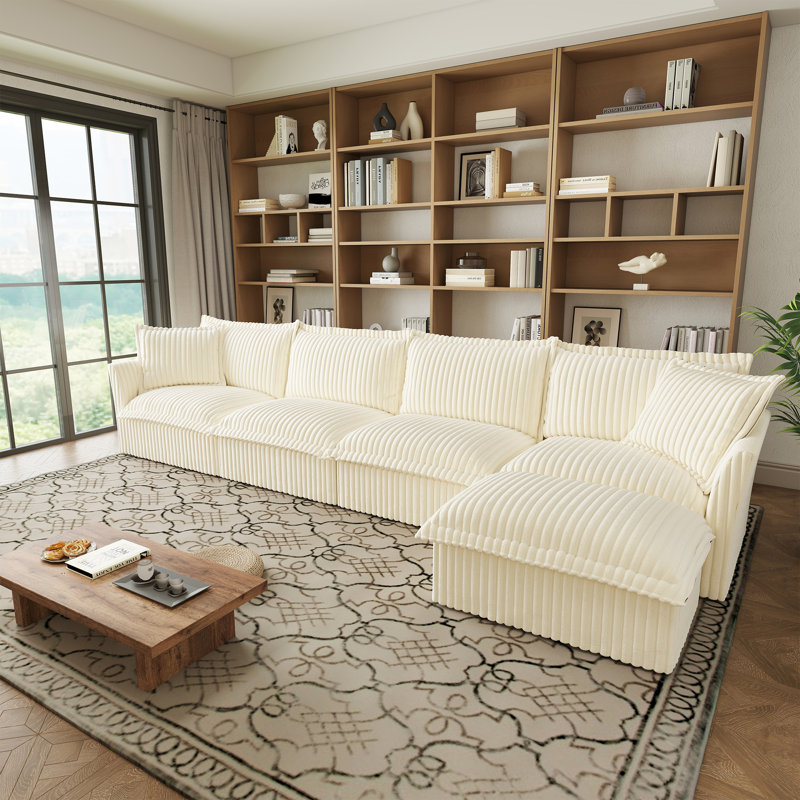 L-Shaped Slipcovered Sectional Sofa Couch, Comfy Deep Seat Cloud Couch With Convertible Ottoman & Big Pillows, Modern Oversized Slipcovered Sofa Set For Living Room Office, Corduroy