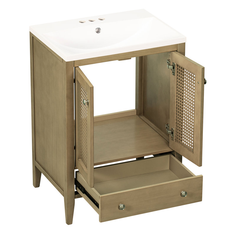 Meuble-lavabo de 24 po avec lavabo et armoire en céramique, décoration d'aspect naturel, structure de construction stable, possibilités de rangement abondantes, lavabo encastré facile à assembler, caractère de teinte, solide