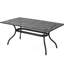 Table d'extérieur rectangulaire en aluminium coulé. Noir, 36,84 po Large, 66,39 po de profondeur, 30,57 po de hauteur. Surmonté d'un porte-parapluie en aluminium pour motif de jardin