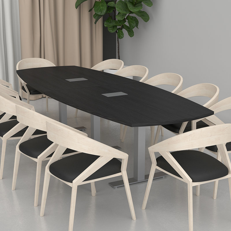 Table de conférence Arc Boat avec bases en T en métal et modules de données, L 120 po x l 48 po, Cyprès noir, Argent argent