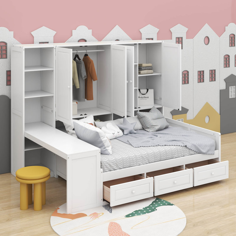 Lit de jour double en bois avec tiroirs, bureau et tablettes, Blanc