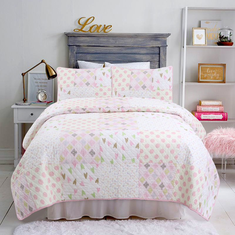 Ensemble de courtepointe réversible en coton standard rose / blanc / mauve 2 pièces BB2022-073