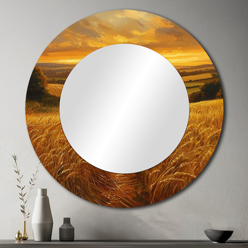 «Countryside Golden Fields At Sunset I» - Miroir champêtre pour décoration murale - imprimé sur métal, 36 po x 36 po