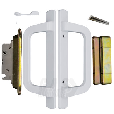White PGT Sliding Patio Door Handle Set Bundle Kit Mortise Lock + Keepers - 3-15/16" Hole Spacing