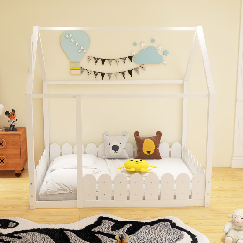 Cadre de lit en bois avec clôture, Double, Blanc