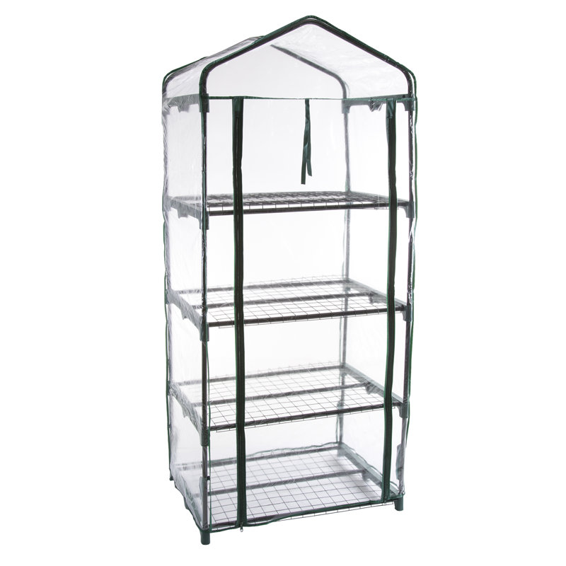 Compact 4-Tier Green Iron Mini Greenhouse with Zippered PVC Cover