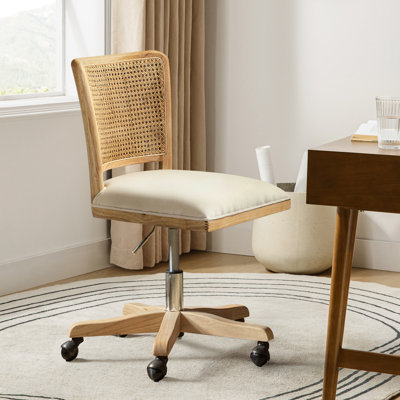 Deitra Farmhouse 33.5"H Rattan Swivel Task Chair with Solid Wood and Adjustable Height