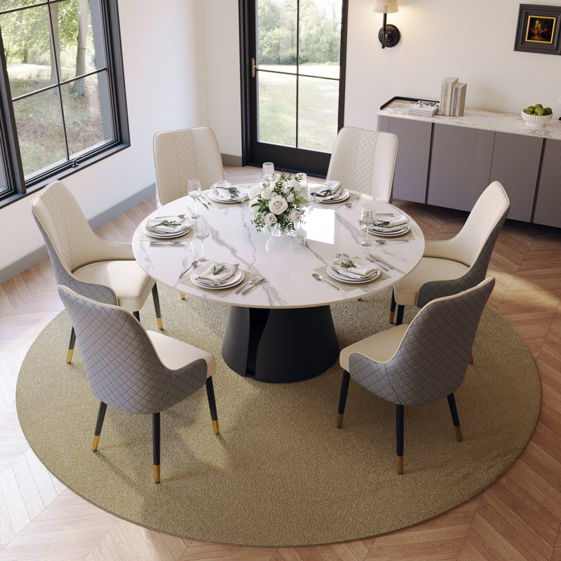  5/7 Pieces Modern Dining Room Sets, Pre-Assembly Round Dining Table Sets, Glossy Sintered Stone Tabletop Kitchen Dining Table Set With PU Upholstered Chairs