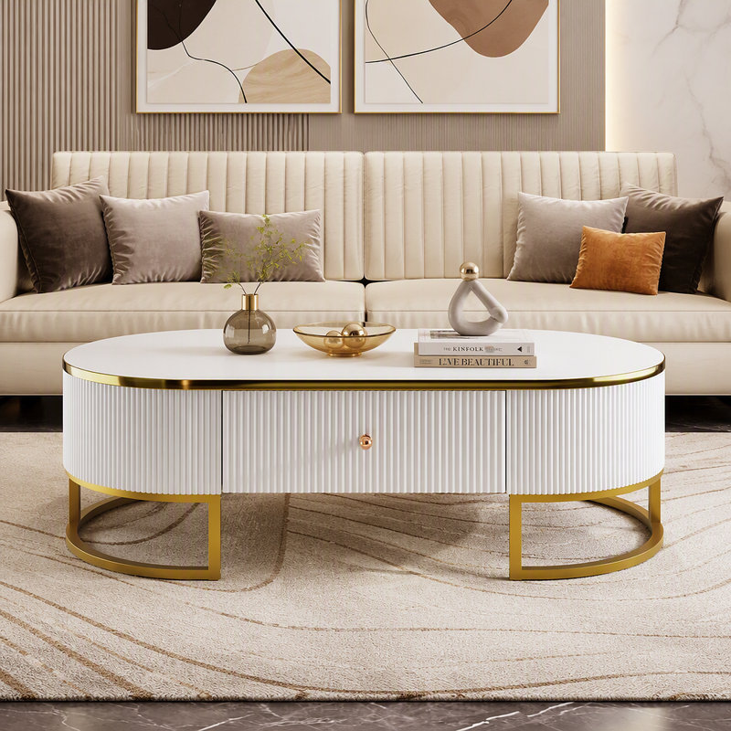 Table basse moderne ovale avec tiroirs, conception à profil incurvé, décor en métal doré, table centrale pour le salon