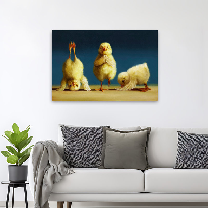 Poussins de yoga - animaux, fantaisie urbaine et pop surréalisme, H 32 po x l 48 po