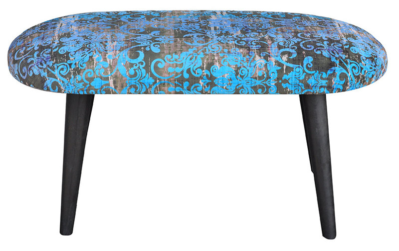 Patchwork Polyester Blend Upholstered Bench, Turquoise